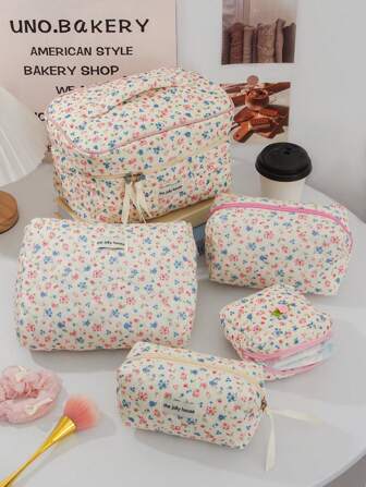 1 件/套灯芯绒花朵图案多功能化妆包，大容量化妆品收纳包，带拉链封口，可存放口红、刷子、护肤品、手机、硬币、小物品，适合居家、旅行、度假和学校使用，化妆包护肤包洗漱包收纳袋，旅行必需品邮轮必需品宿舍必需品，婚礼伴娘礼物，妈妈礼物，生日礼物，送给朋友和老师的礼物