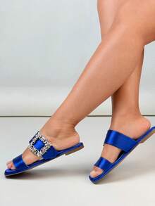 Summer New Arrival Rhinestone Rivets Buckle Open Toe Fashionable Casual Women Flat Slippers - Blue - View 5