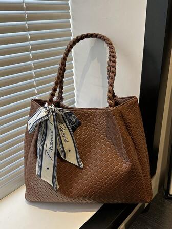 1 件女士简约纯色百搭休闲通勤单肩包，大容量，2025 年新款时尚小品牌压花托特包，配有舒适的独特肩带，适合大学生、外出、购物