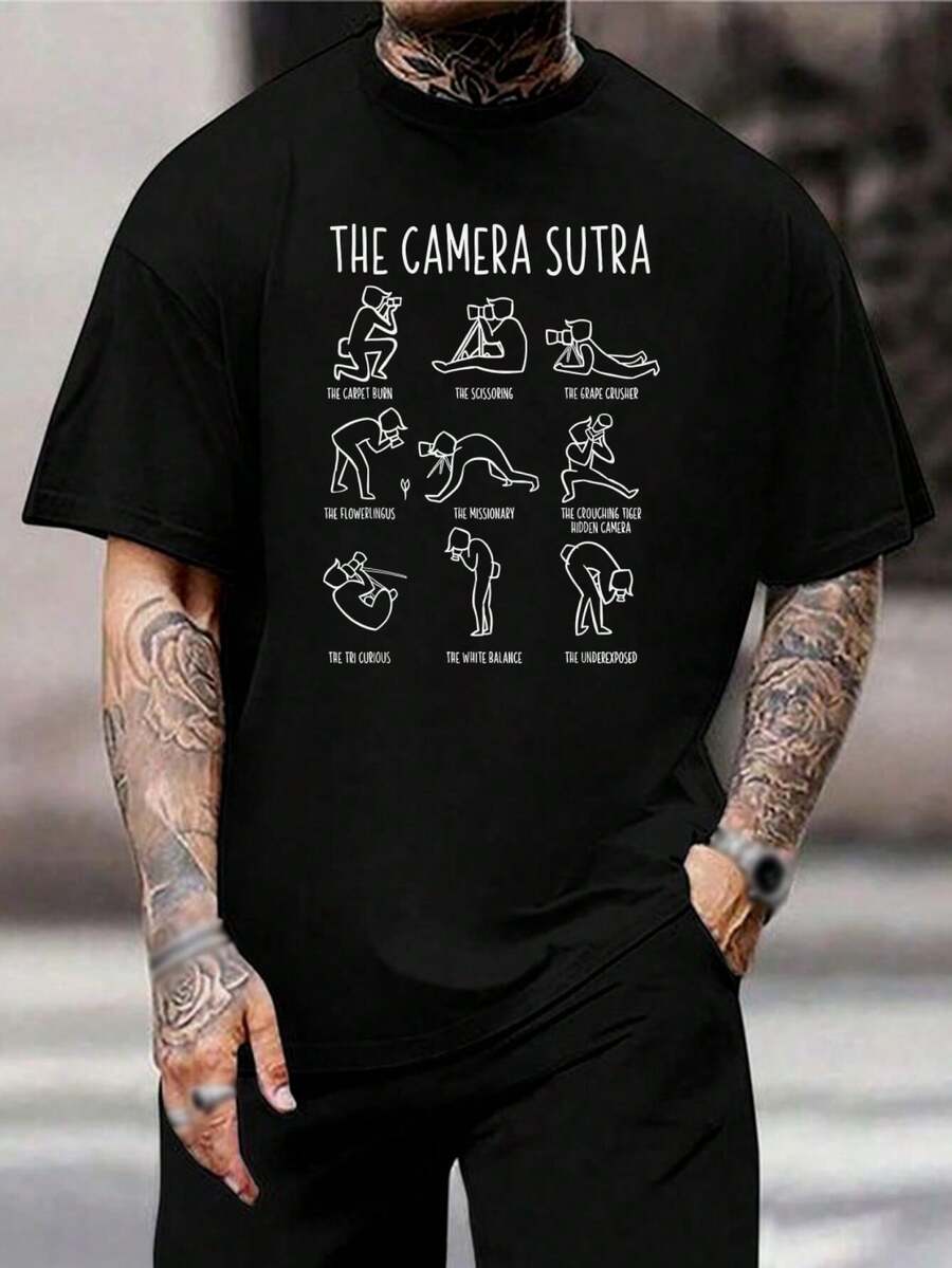 Camiseta con poses divertidas de fotógrafo - Diseño vintage de cámara Sutra - Camiseta gráfica artística para hombres y mujeres - Regalo para amantes de la fotografía y entusiastas - Negro - Ver 1