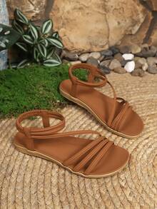 Women's Summer New Elegant Comfortable Striped Vacation Plus Size Flat Sandals, Brown,Boho Style - Brown - View 3