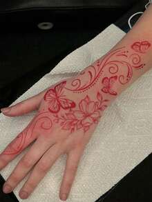 1 件中国风红色蝴蝶和花卉临时纹身贴纸，防水防汗，一次性使用，适合手臂、背部，适合人们日常使用 - 紅色 - 查看 5