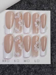 10pcs Sweet And Fresh White Carved Square Press On Nails, Minimalist Three-Dimensional Flower French-Style Handmade Fake Nails, White Flower Design, Flower Core Embellished With Shiny Rhinestones, Essential Nail Art For Summer, Suitable For Daily, Casual And Relaxed Occasions, The Best Gift For Women And Girls Nail Supplies Handmade Press On Nails - Multicolor - View 7