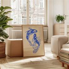 1 Stück Blauer Koi Fisch Leinwanddruck, japanisches retro Glück Wandkunst Poster für modernes Wohnzimmer, Schlafzimmer, Studentenwohnheim - Ideales Geschenk, Leinwandgemälde, Heimdekoration, optionaler Rahmen