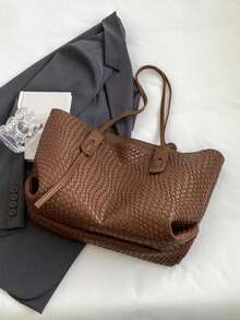 Dedoo 女士多功能纯色编织图案PU皮革手提包，简约大容量顶部提手单肩包，休闲轻便通勤手提包，适合日常办公，时尚防水方形户外旅行购物斜挎包 - 咖啡棕 - 查看 7