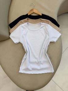 Kit 3 Women's Ribbed Blouses Baby Tee Basic Short Sleeve Babylook Colors  2025 - Beige/Black/White - View 4