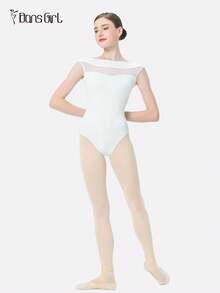 DonsGirl 一件式女式露肩拼色芭蕾紧身衣 - 高弹力网眼拼布舞蹈服/表演服 - 白色 - 查看 6