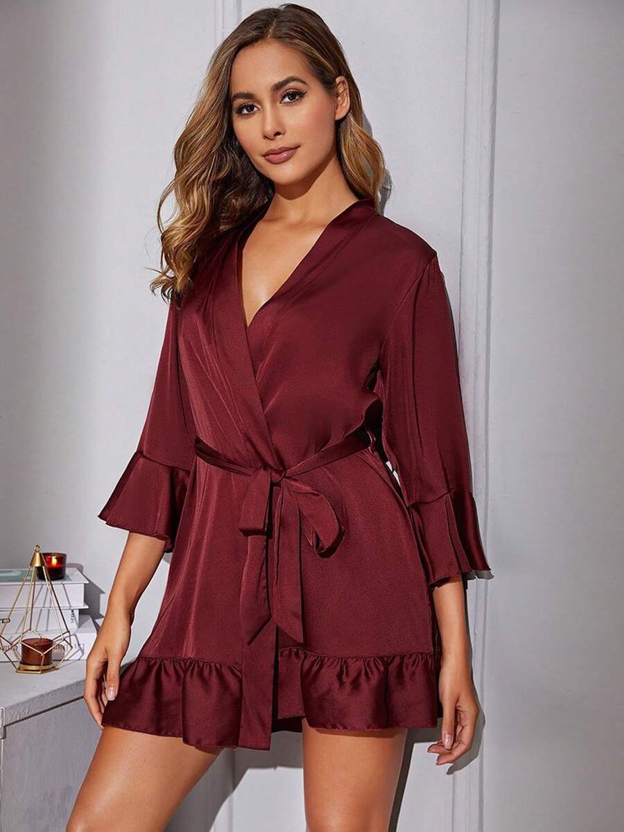 Sexy Lingerie With Ruffled Edges Imitation Silk Nightgown Cardigan Bathrobe Home Wear Sleepwear Women's - 酒紅色 - 查看 1