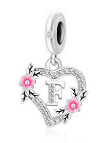 HuooNew 1pc 925 Sterling Silver Heart Shape Letter Inlaid Cubic Zirconia DIY Pendant, Suitable For Men & Women, Party/Gift