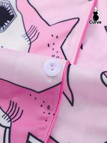 2pcs Women's Pajama Set, Shark Print, Women's Loungewear, Autumn/Winter Holiday Outfit, Long Sleeve Lapel Top And Pants, Can Be Worn Out - Pink - View 7