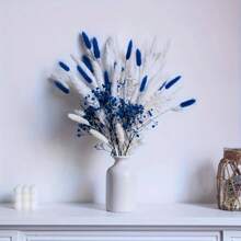 55pcs Classic Artificial Blue Lagurus Tail Grass Bouquet, White Vines Pampas Grass For Wedding, Birthday, Party, Christmas, Thanksgiving Home Decor, Living Room, Office, Farmhouse, Tabletop Flower Arrangement, Holiday Theme Decoration,Fall Decor,Autumn