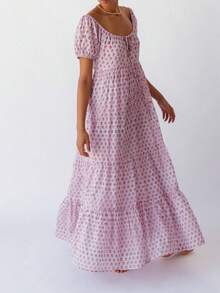 Women Boho Floral Maxi Dresses Summer Puff Sleeve Self-Tie Square Neck Beach Swing Tiered Casual Flowy Long Dress - 紫色 - 查看 1