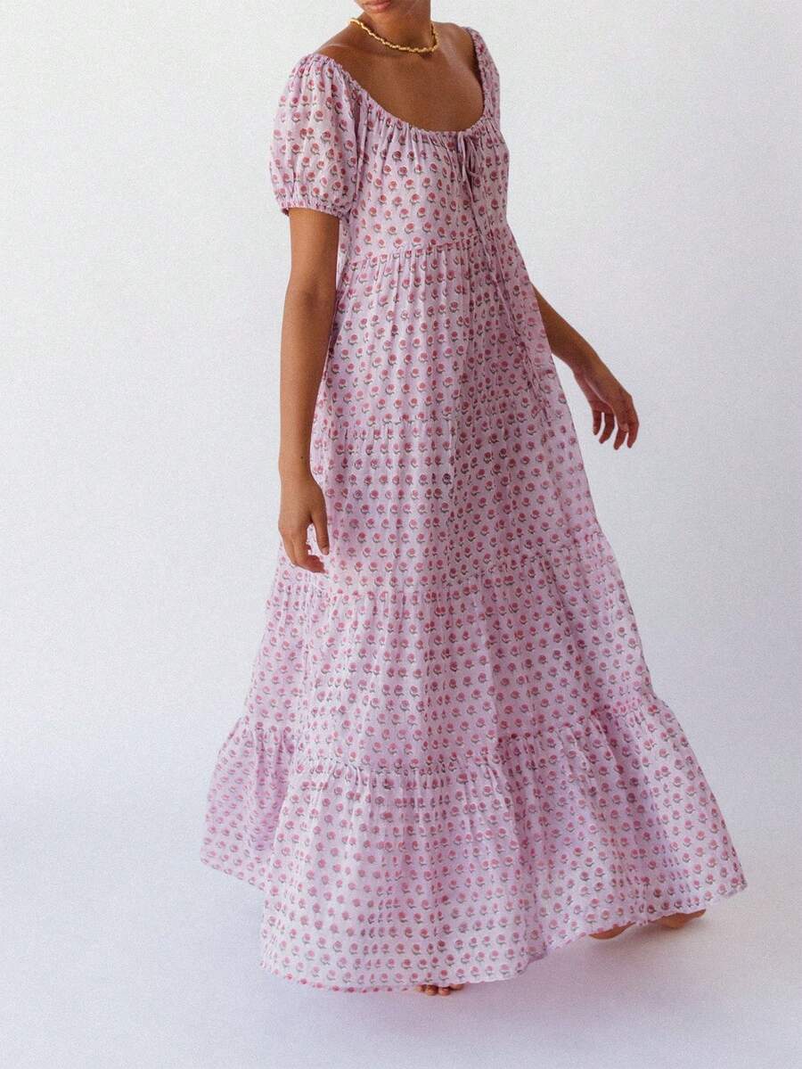 Women Boho Floral Maxi Dresses Summer Puff Sleeve Self-Tie Square Neck Beach Swing Tiered Casual Flowy Long Dress - 紫色 - 查看 1