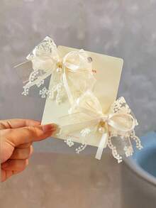 2 件网状蕾丝珍珠蝴蝶结夹，多功能日常配饰，春夏季 - 米色 - 查看 4