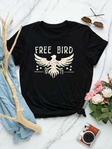 Camiseta gráfica de Mujer Free Bird - Camiseta vintage de banda de rock, negra, manga corta, ajuste casual cómodo, para conciertos y uso diario - Negro - Ver 1
