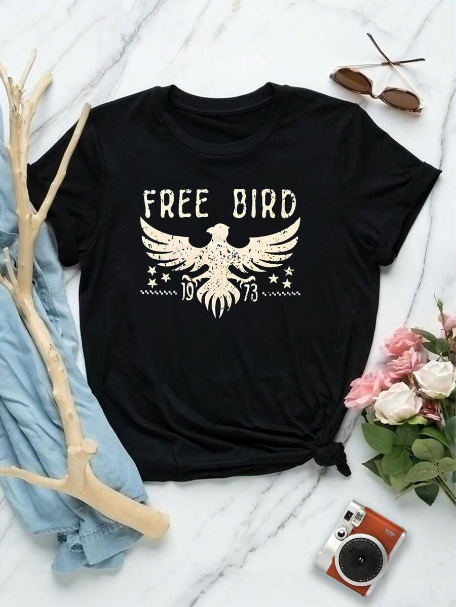 Camiseta gráfica de Mujer Free Bird - Camiseta vintage de banda de rock, negra, manga corta, ajuste casual cómodo, para conciertos y uso diario - Negro - Ver 1
