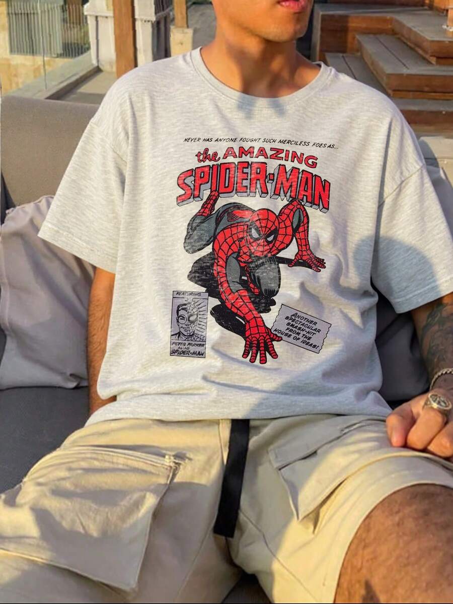 Marvel co-branded cotton men's casual crew neck T-shirt, Amazing Spider-Man print, men's spring and summer versatile tops, soft and breathable men's floral grey short-sleeved tops