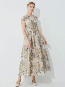 Elegant Women's Ditsy Floral Long Party Dress, Organdy Jacquard Fabric, Spring/Summer, Prom Dress