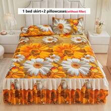 3 Piece Skin-Friendly Soft Floral Print Bedding Set (1 Bed Skirt + 2 Pillow Shams), Moisture-Wicking, Anti-Wrinkle, All Season Use, Exquisite Printing, Fashionable & Stylish, Suitable For Bedroom & Hotel