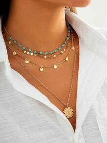 女士3入組創意時尚復古綠松石色閃耀流蘇多層串珠項鏈套裝 - 金黃色 - 查看 2