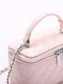 1 件时尚 PU 钻石图案绗缝拉链小方形手提包，女士百搭单肩斜挎包 - 粉色 - 查看 7