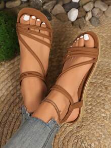 Women's Summer New Elegant Comfortable Striped Vacation Plus Size Flat Sandals, Brown,Boho Style - Brown - View 4
