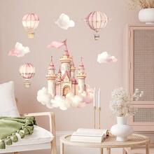 奇幻城堡与热气球墙贴 - 可移除防水 PVC 贴纸，粉色闪光梦幻设计 - 自粘装饰，适用于婴儿房、卧室和家居室内装饰 - 29.97 厘米 X 89.92 厘米 - 彩色 - 查看 4