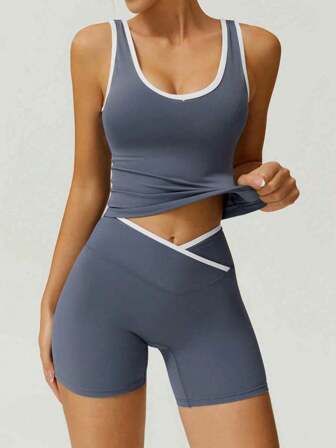 NcmRyu Women's Contrast Color Criss-Cross High Waist Shorts, Casual Sports Set With Naked Feel