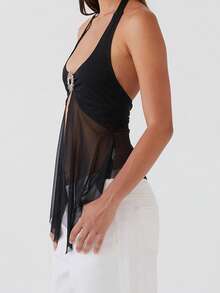 Women Sleeveless Halter Tops Summer Beach Vacation Tops Tie Up Backless Sheer Mesh Split Shirts For Streetwear Aesthetic Grunge Clothes - 黑色 - 查看 7