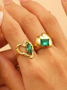 Elegant Vintage-Style 18K Gold-Plated Stainless Steel Inlaid Emerald Green Glass Heart Geometric Ring, Fashion Jewelry Versatile For Daily And Party Wear