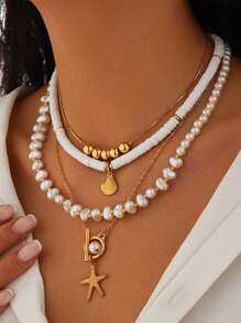4 pièces/Set Collier à maillons métalliques avec perles fausses et franges, style océan. Collier ras-du-cou étoile de mer en couches. Convient pour un port quotidien. Accessoires de bijoux pour femmes
