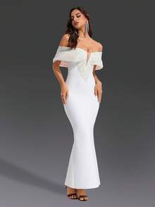 DEIVE TEGER Gaun Wanita Putih Model Bandage, Desain Bahu Terbuka dengan Manik-Manik Kontras Warna, Gaun Malam Formal Bodycon, Cocok untuk Pesta, Tamu Pernikahan, Wisuda, Perjamuan - Putih - View 3