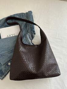 时尚女士新月形编织单肩包，PU 皮革斜挎包，带零钱包