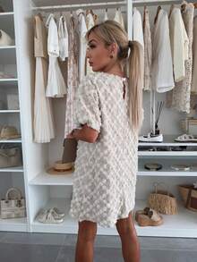 Women Elegant Casual Solid Color Lace Knit Embroidery Button Short Dress Suitable For Spring, Autumn, Summer - 杏色 - 查看 3