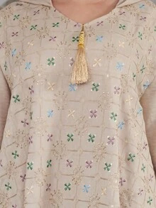 ASBB 重裝飾金色亮片彩色刺繡阿拉伯女式 JALABIYA 連衣裙附帽子，2026年秋季節慶派對度假休閒穿著優雅禮服，沙烏地阿拉伯國慶服飾 - 米色 - 查看 4