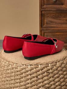 1 Pair Women's Pointed Toe Flat Shoes, Soft Leather Comfortable Work Office Shoes, Versatile Loafers, Slip-On Style Ballet Flats - Đỏ - Xem 3