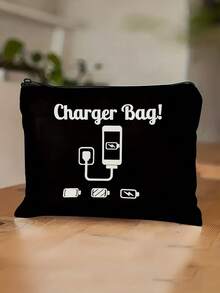 Black Charger Bag - Polyester Travel Cable Organizer With "CHARGER BAG!" Print, Hand-Washable Electronic Accessory Pouch For Cables, Power Banks & Small Items, Cable Organizer Bag - Multicolor - View 7