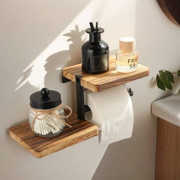 1Pc Rustic Wood & Iron Wall-Mounted Toilet Paper Holder With Shelf - Stylish Bathroom Organizer For Tissues, Candles, And Decor, Easy Punch Installation, Restroom Decor And Accessories(1Tier/2Tier)
