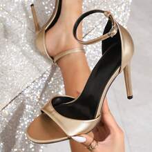 性感时尚露趾细高跟休闲百搭露趾浅金色女士高跟凉鞋 - 金色 - 查看 2