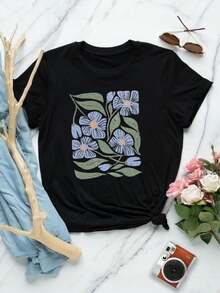 Camiseta informal de manga corta con cuello redondo para mujer, estampado floral vintage, diseño botánico, top de verano ligero para uso diario, camiseta gráfica única para mujer - Negro - Ver 1