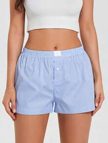 Womens Plaid Print Shorts Elastic Low Waist Button Front Lounge Shorts Boxers Streetwear - màu xanh nhạt - Xem 1