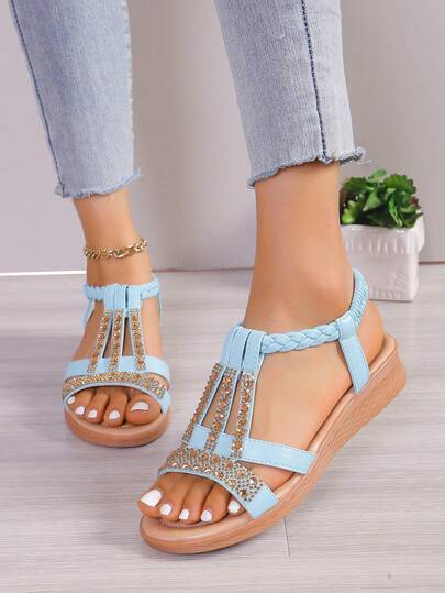 Women's Fashion Versatile Outdoor Wedge Soft Bottom Sandals, Bohemian Retro Beaded Rhinestone Anti-Slip For Summer