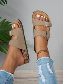 Women Comfortable Sandals - Soft, Lightweight, Dual-Buckle, Flat Slide, Breathable Design, Suitable For Summer Beach Vacation And Daily Wear - Sand - View 3