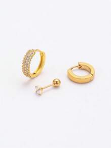 DareSee 3pcs Full Zirconia Inlay Hoop Earrings For Women, Sparkling CZ Stud Earrings 18K Gold Plated Stainless Steel Earrings Set Music-Fest Y2K-Fest Back To School