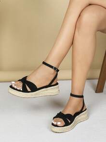 Giày sandal đế xuồng thời trang cho nữ, giày đế xuồng đế xuồng giả da lộn gợi cảm, quai chéo, đế xuồng đế bằng, màu trơn, phong cách ngoài trời mùa hè, giày sandal hở mũi và gót màu đen vừa vặn - màu đen - Xem 2