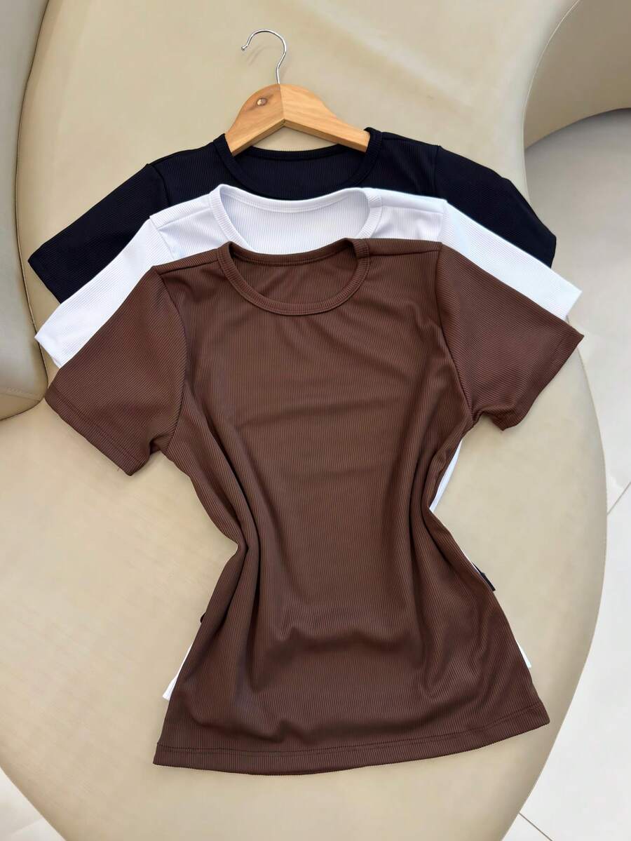 Kit 3 Women's Ribbed Blouses Baby Tee Basic Short Sleeve Babylook Colors 2025 - Brown/Black/White - View 1