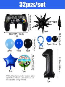 32件/33件遊戲派對用品，遊戲生日套裝，包含遊戲控制器裝飾、0-15數字氣球、爆炸星，適用於生日派對、遊戲主題派對、拍照道具，L升級版！生日派對裝飾 - 彩色 - 查看 18