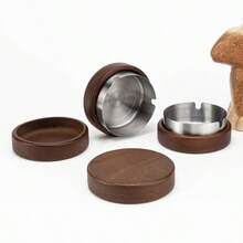 1pc Ashtray With Lid, Creative Nordic Style Wooden & Gold Round Ashtray For Home & Office Use, Anti-Ash - Brown - View 3