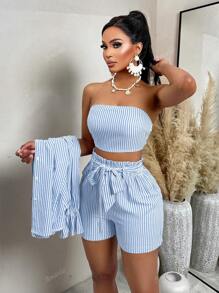 Conjunto de tres piezas de mujer de Amarilo de moda de verano con estampado de rayas de sol, top bandeau, camisa y shorts. Incluye un cinturón complementario para los shorts, adecuado para uso diario simple, commuting y salidas (estampado aleatorio)