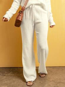 女式夏季纹理抽绳高腰休闲裤 - 米色 - 查看 1